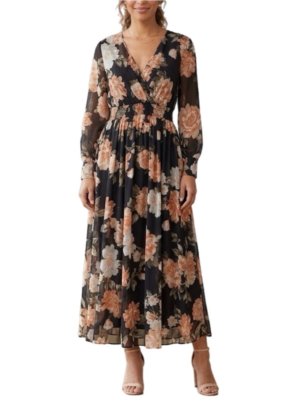 8P Alexa B Nites Petite Women’s Smocked Waist Floral Maxi Dress Black Peach
